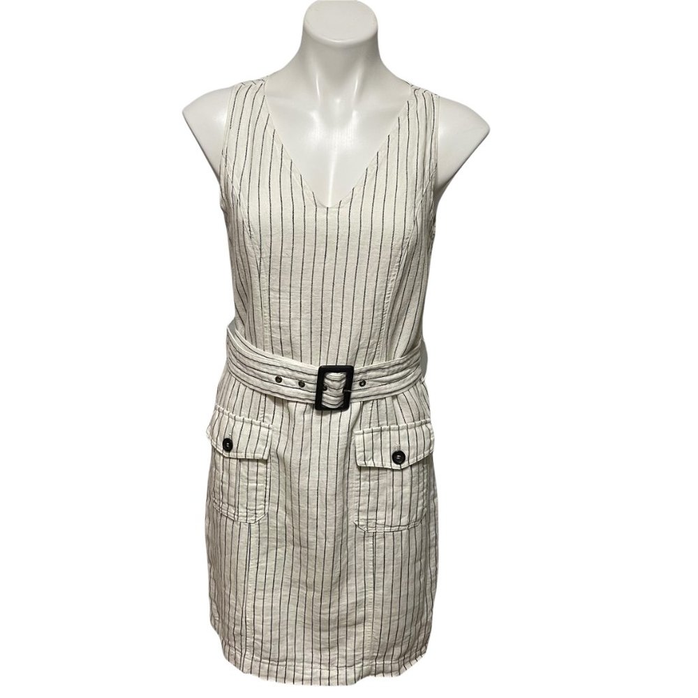 Rachel Zoe Size 4 White Striped Linen Blend Sleeveless Belted Dress - Picture 3 of 8